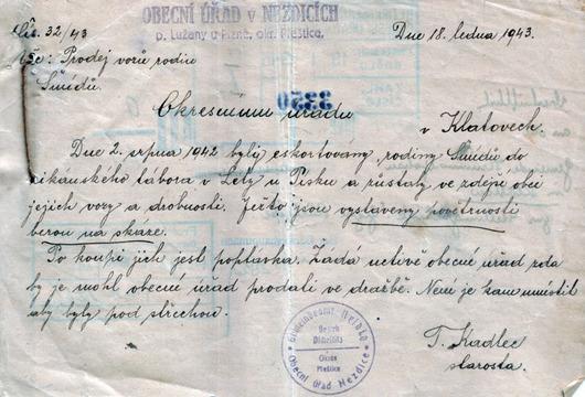 Žádost o povolení dražby majetku vězňů z Let u Písku. (Muzeum romské kultury)