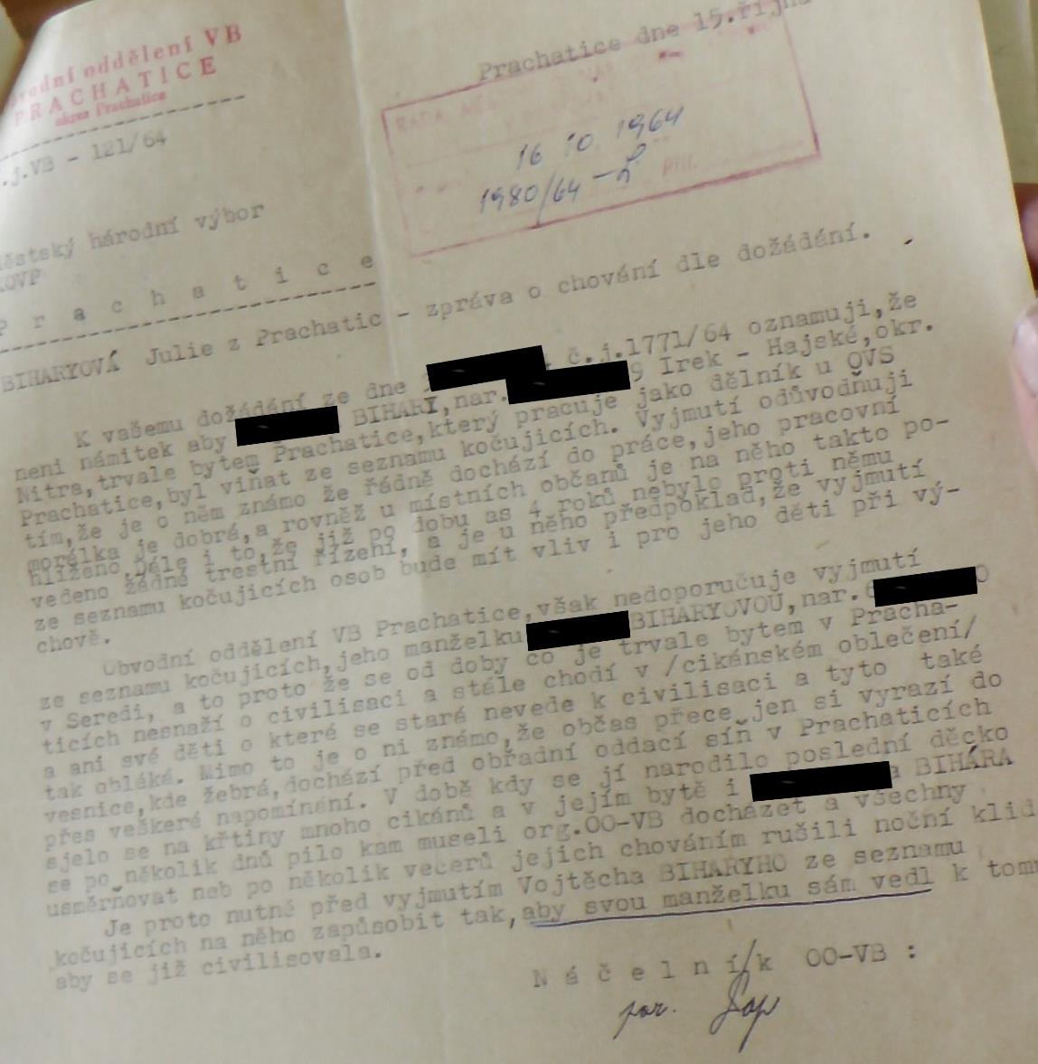  Vyjádření MěNV Prachatice pro obvodní oddělení VB Prachatice ve věci vynětí osob ze seznamu kočující