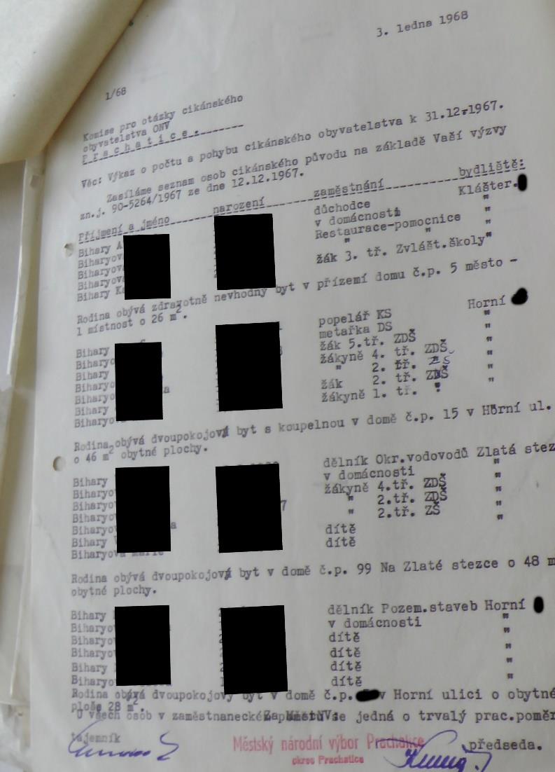 Ukázky kontinuální evidence cikánského obyvatelstva, z let 1967 a 1970