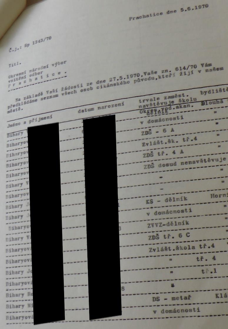 Ukázky kontinuální evidence cikánského obyvatelstva, z let 1967 a 1970
