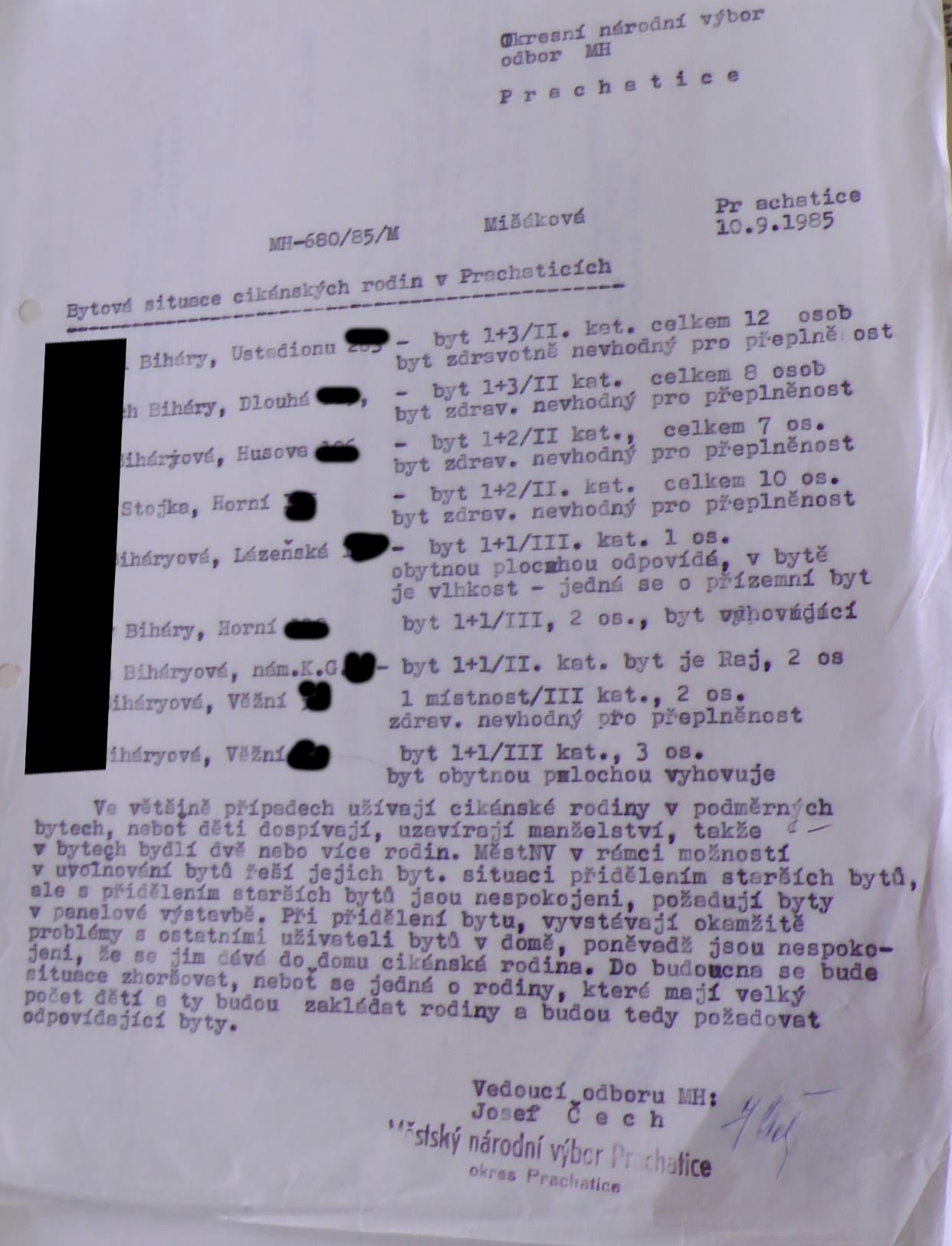 : Zpráva bytové komise o bytové situaci cikánských rodin z roku 198