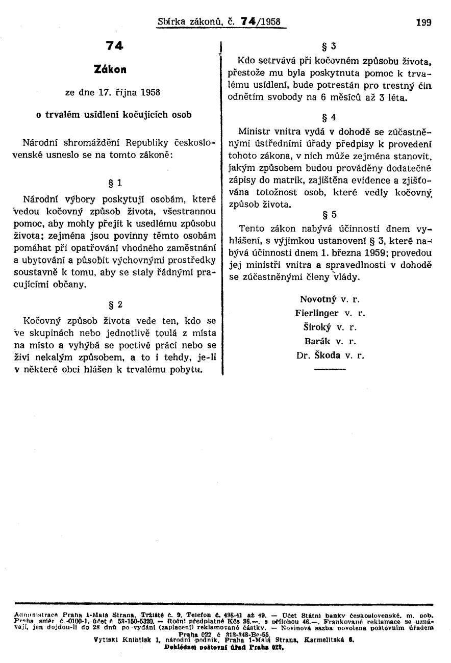 zákon o trvalém usídlení kočujících osob