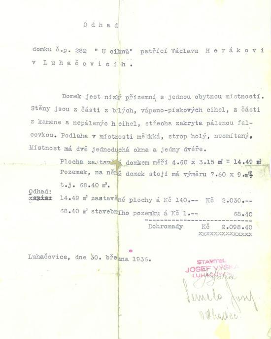 Odhad domku č.p. 282 "U Cikánů". (Státní okresní archiv Zlín.