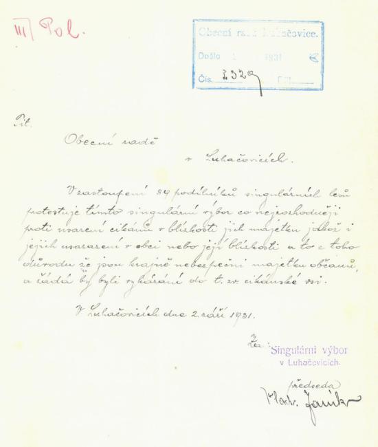 Protestní dopis proti usazení Romů, 1931 (Státní okresní archiv Zlín)