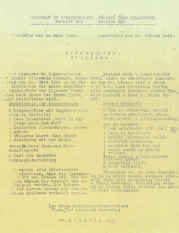 Dražba majetku deportovaných luhačovických Romů