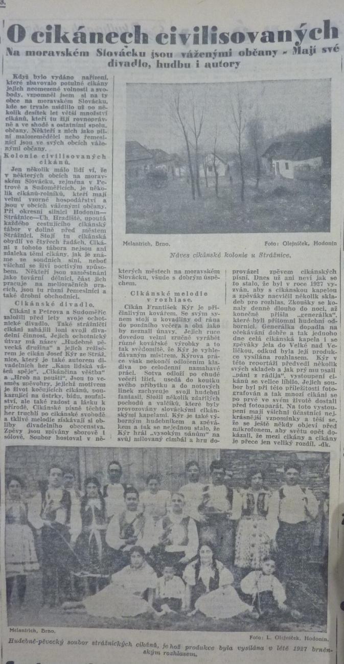 Článek z dobového tisku: O cikánech civilisovaných. (Moravské slovo 10. 2. 1940)