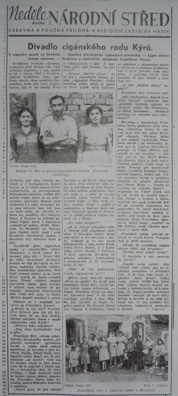 Článek z dobového tisku: Divadlo cikánského rodu Kýrů. (Národní střed 24. 5. 1942)